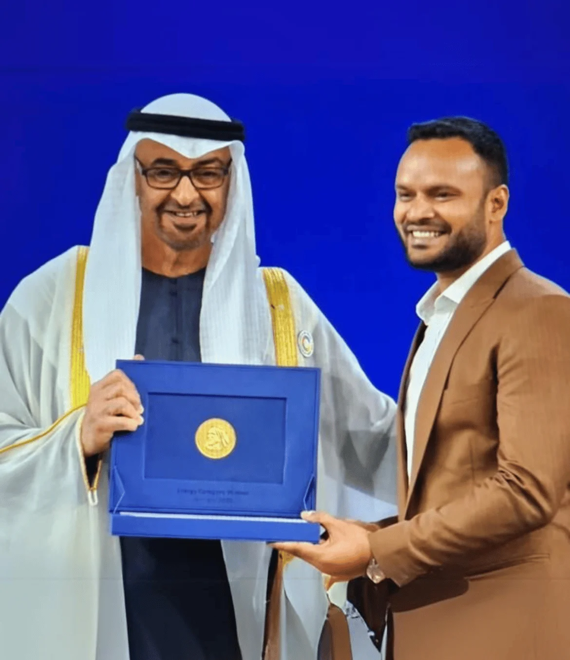 Mustafa Al Momin receiving Zayed Sustainability Prize 2025